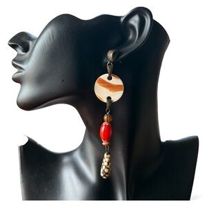 Nature African Batik Bone and Glass Beaded Earrings Cream Black Red